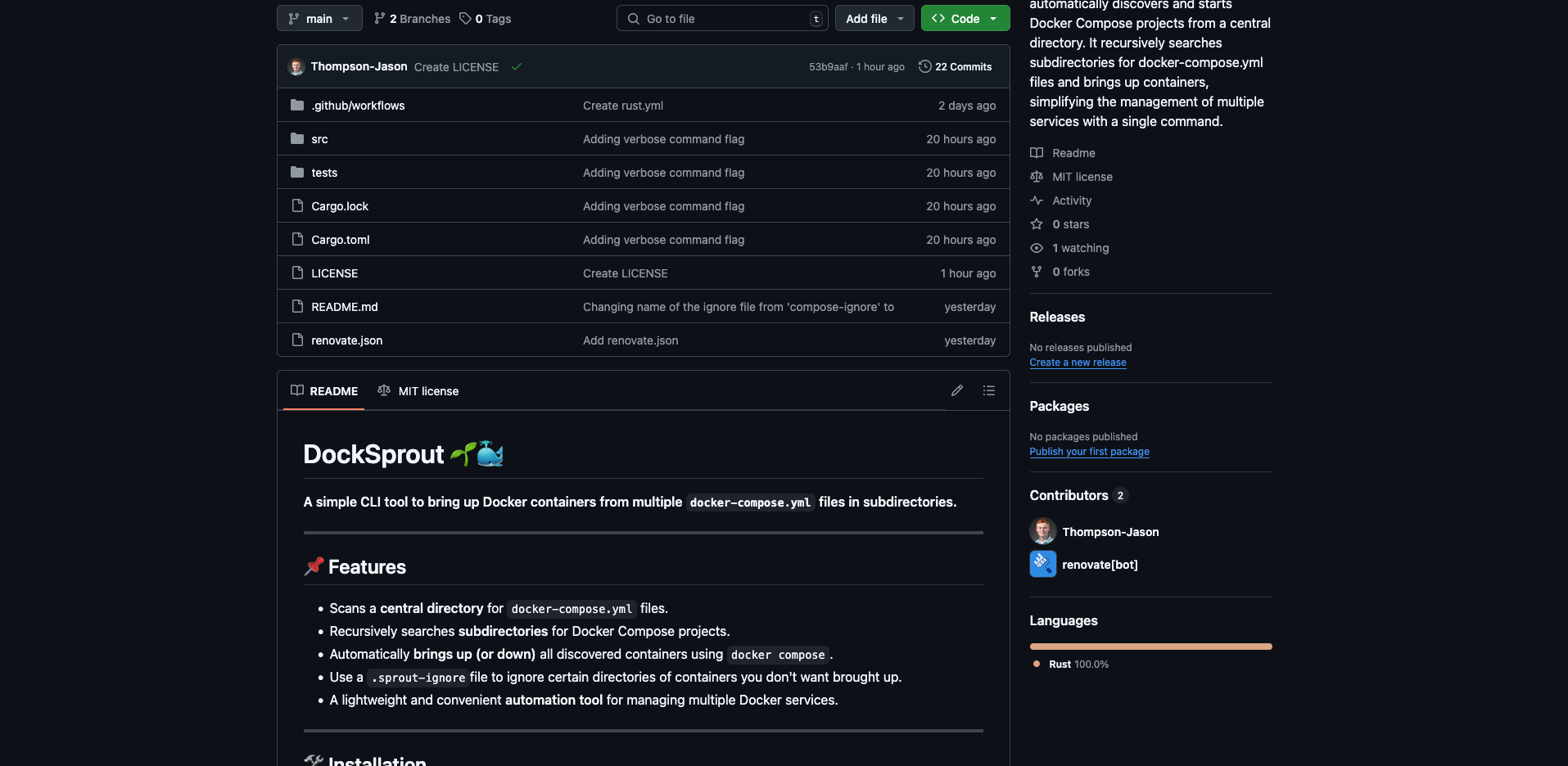 A picture of the Github repo of the DockSprout project.